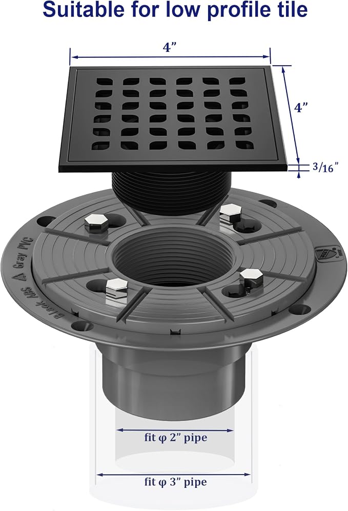 Neodrain Square Shower Drain, 4 inch Black Stainless Steel 304 Grate and PVC - Image 6