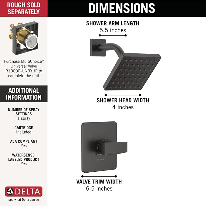 Delta Modern 14 Series Shower Faucet Set, Matte Black Shower Head and Handle Set - Image 4