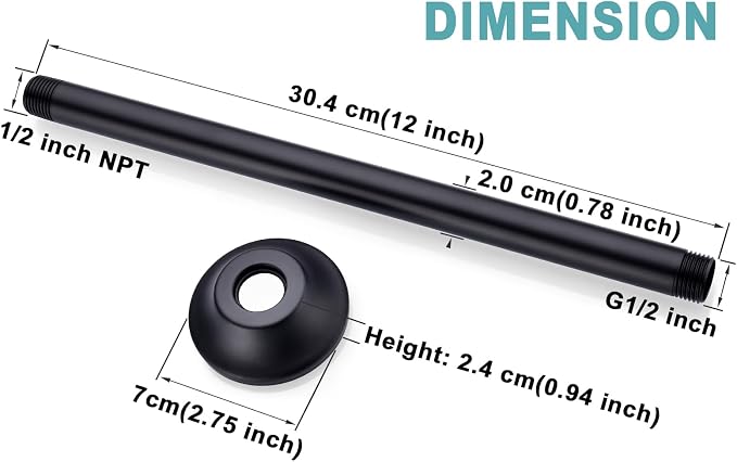 BESTILL 12 Inch Ceiling Mount Rain Shower Head Arm and Flange, Matte Black - Image 5