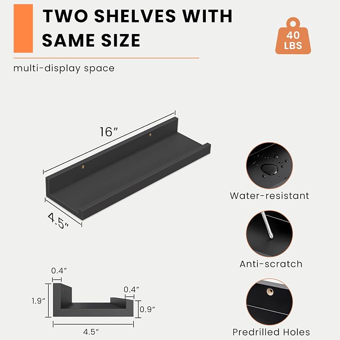 Heimlove Picture Ledge Shelf, Small Floating Shelves Set of 2, 16 Inches - Image 3