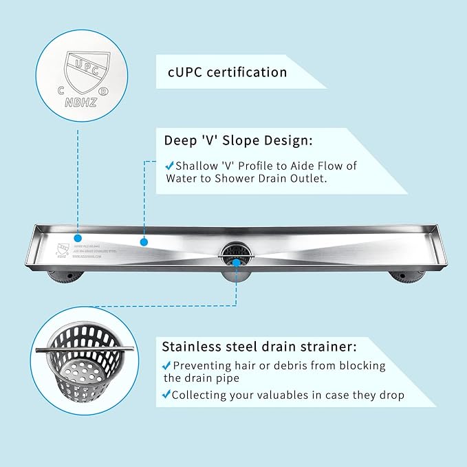 Neodrain 18-Inch Linear Shower Drain, Brushed 304 Stainless Steel, Modern Style - Image 4
