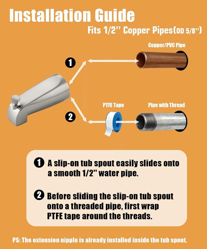 Tub Spout with Diverter, Slip On Bathtub Spout Fits 1/2'' Copper Tube, Bathroom - Image 7