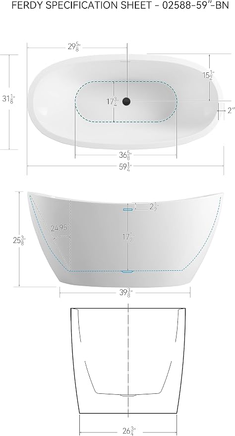 FerdY Naha 59" Acrylic Freestanding Bathtub, Curve Edge Freestanding Soaking - Image 4