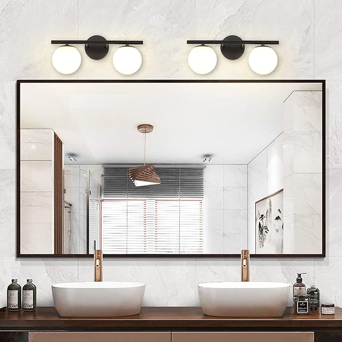 New Bathroom 2 Vanity Light Fixtures Brushed Black Milk White Globe Glass Shade - Image 5