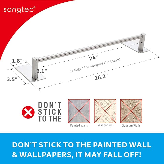 Adhesive Bath Towel Bar 24-inch, No Drill Stick On Towel Rack, Easy Install - Image 8