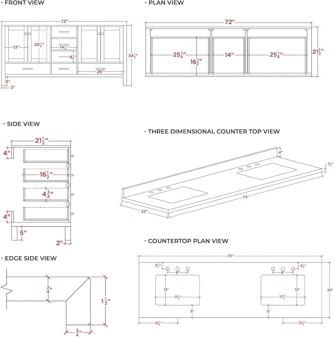 ARIEL 73" Grey Double Bathroom Vanity Italian Carrara Marble Countertop & Splash - Image 2