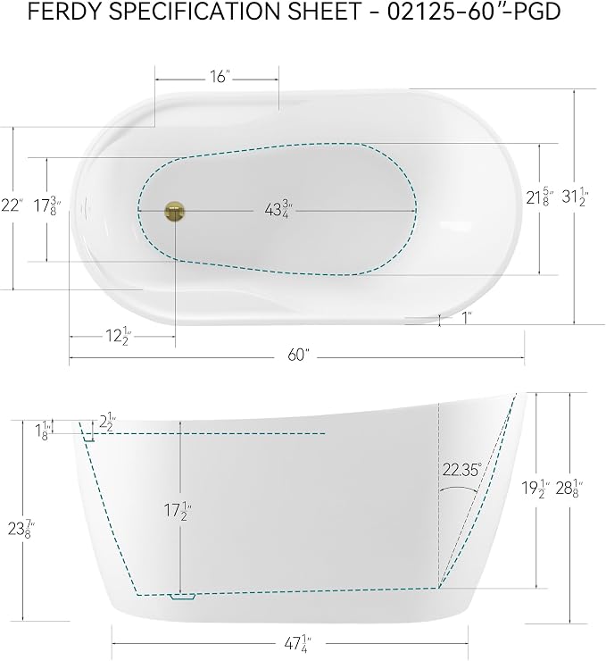 FerdY Lana'i 60" Freestanding Bathtub, Gracefully Shaped Freestanding Soaking - Image 6