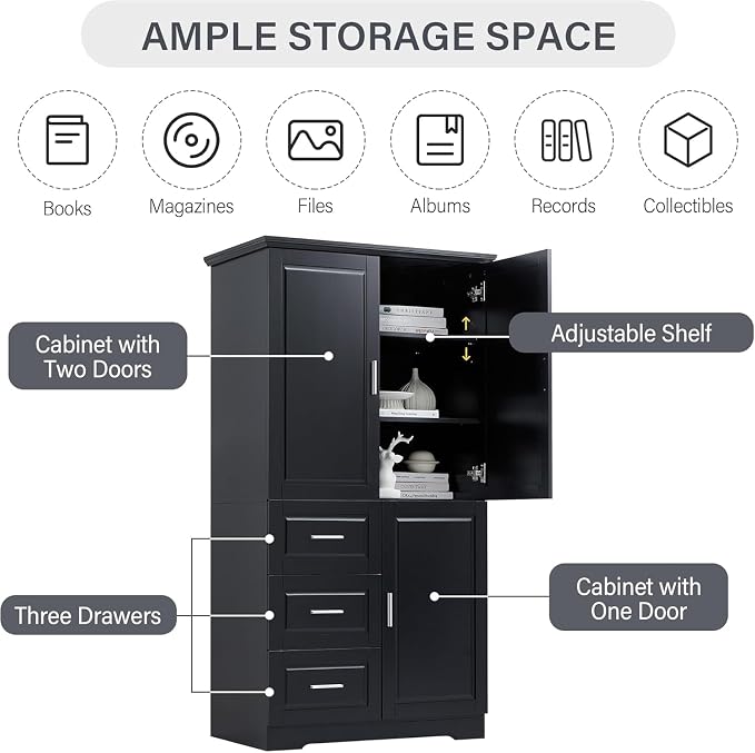 Tall Wide Storage Cabinet with 3 Doors, 3 Drawers, and Adjustable Shelves - Image 5