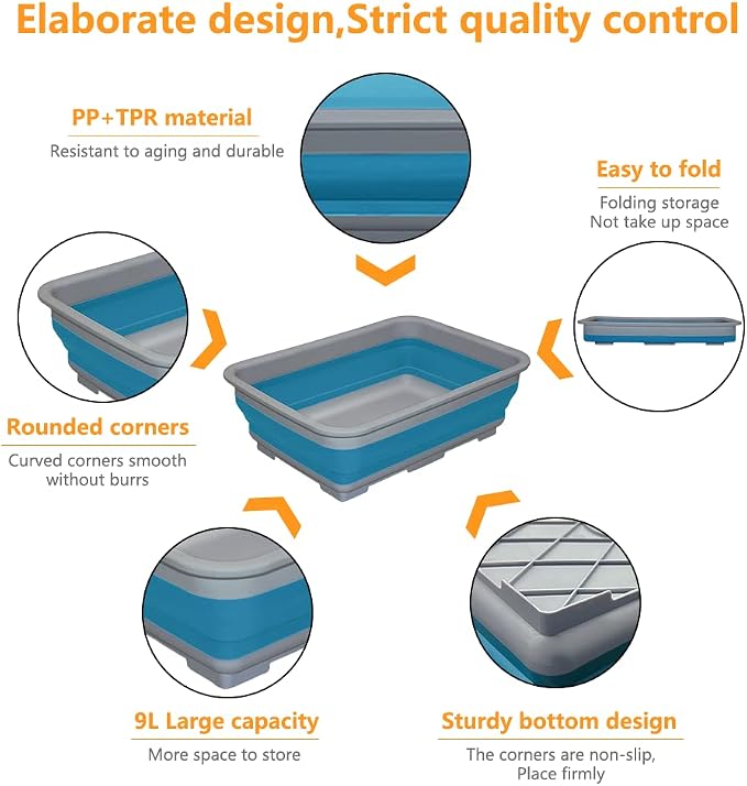 Collapsible Dish Pans – 10L Foldable Sink Tub, 14.5'' x 10.5'' x 5", Compact - Image 2