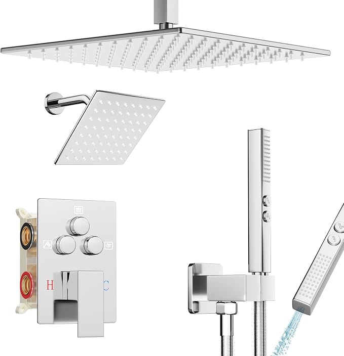 Shower Faucet Set Polished Chrome Shower System, Ceiling Mount 12 Inch Shower by Baetuy