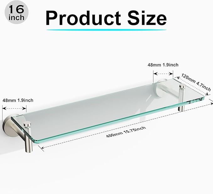 Glass Shelves for Bathroom, 16-Inch Brushed Nickel Floating Bathroom Shelf - Image 3