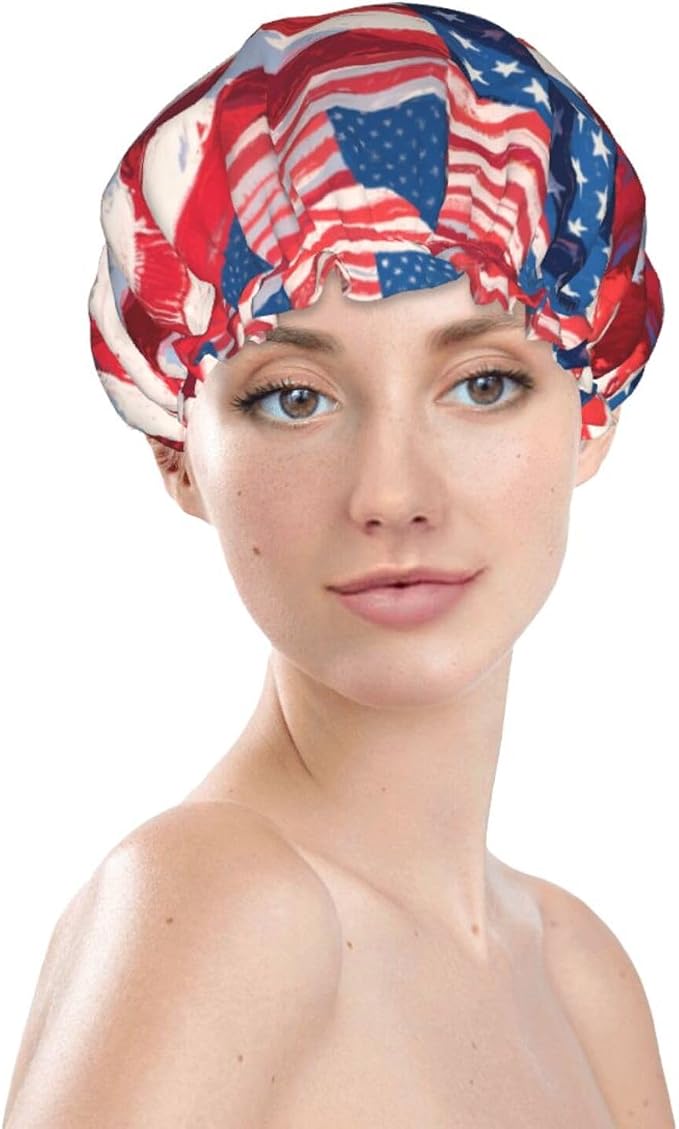 Double Layers Shower Cap for Women Girl, USA Flag Grunge Old American Flag Art - Image 3