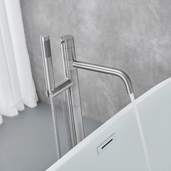 Freestanding Bathtub Faucet Floor Mount Tub Filler Brushed Nickel Brass Single - Image 8