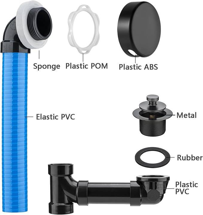 Yariwiz 1-1/2" Matte Black Bathtub Tub Drain Kit Blue Elastic Tube Bath Waste - Image 4