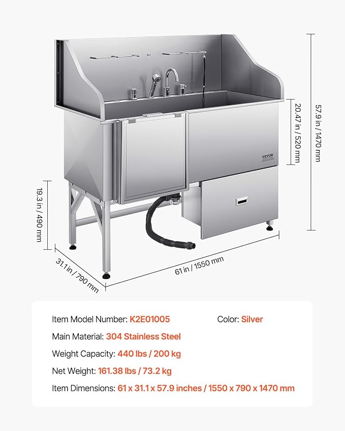 VEVOR Professional 304 Stainless Steel Dog Bathing Station, 61 inch Pet - Image 7