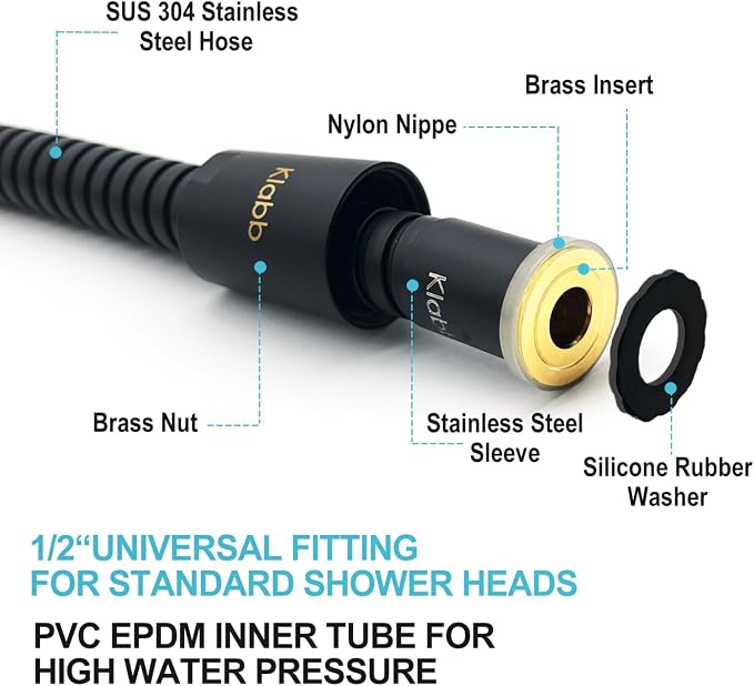 Klabb 79-Inch Matte Black Extra Long Stainless Steel Shower Hose – Flexible - Image 3