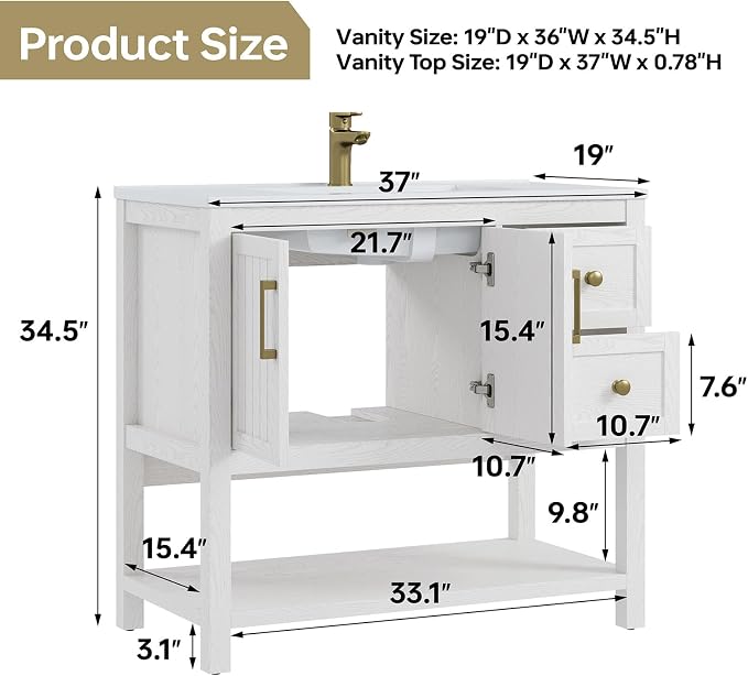 36" Bathroom Vanity with Sink, Bathroom Sink Cabinet with 2 Drawers & Open Shelf - Image 8