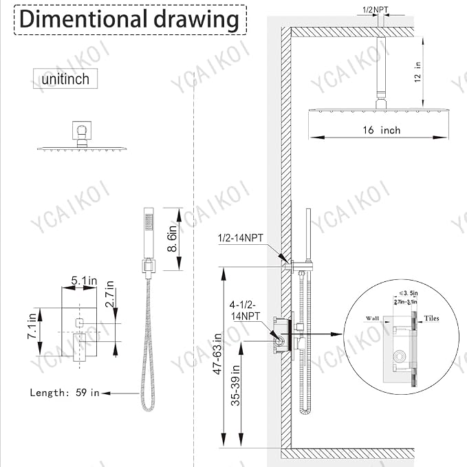 16 Inch Brushed Nickel Ceiling Mount Shower System Bathroom Luxury Rain Mixer - Image 7