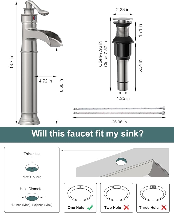 BWE Waterfall Vessel Sink Faucet Brushed Nickel Bathroom Faucet Single Handle - Image 9