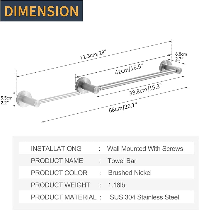 BESy Adjustable 15 to 26 Inch Single Bath Towel Bar - Image 4