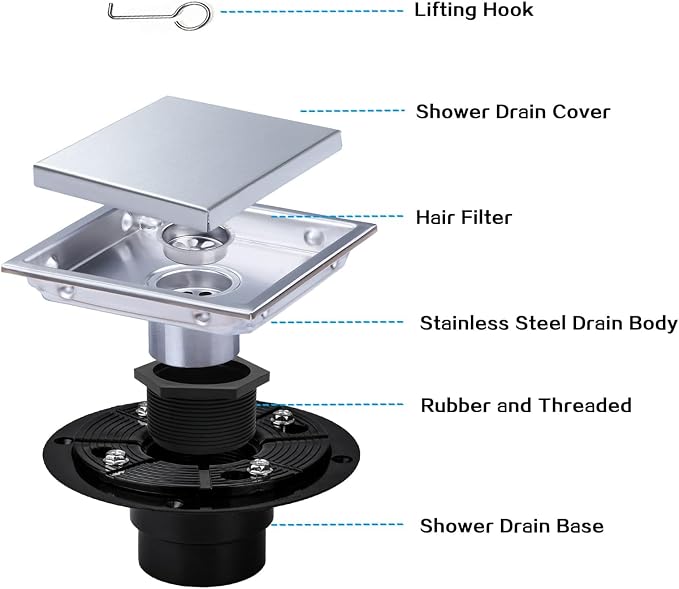 Square Shower Drain, AISI 304 Stainless Steel Shower Floor Drain - Image 6