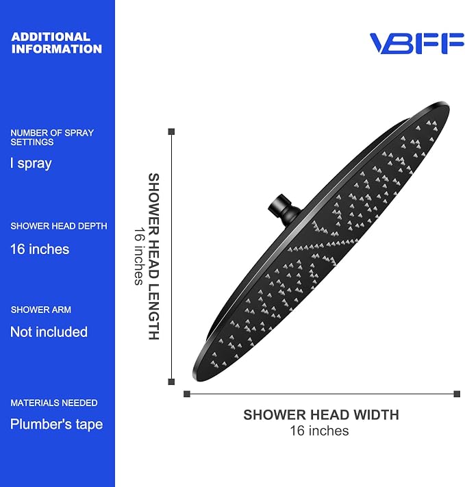 VBFF-Shower Head, rain shower head, 16 inch- Round Shower Head, 1.8 GPM Flow - Image 6