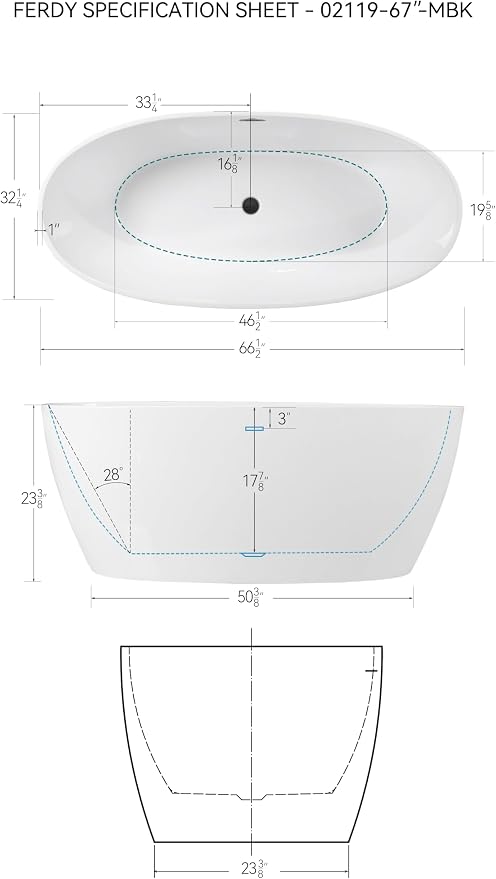 FerdY Tahiti 67" Freestanding Bathtub Elegant Oval Shape, Glossy White Double - Image 7