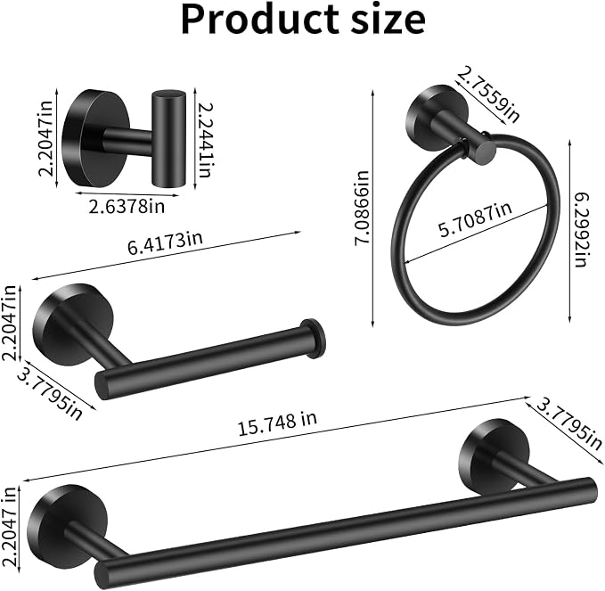 Towel Bar Set Mattel Black, Bathroom Accessories Set 5pcs Including 16'' Tower - Image 2