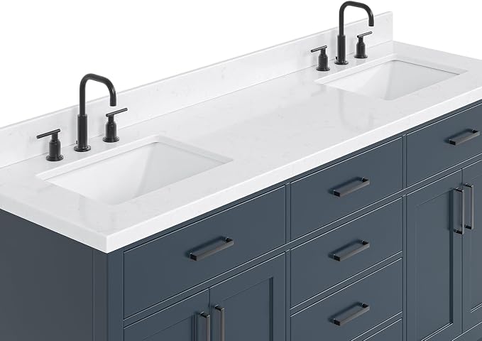 ARIEL Hepburn 72" Midnight Blue Double Vanity, 1.5" Edge Carrara Quartz - Image 7