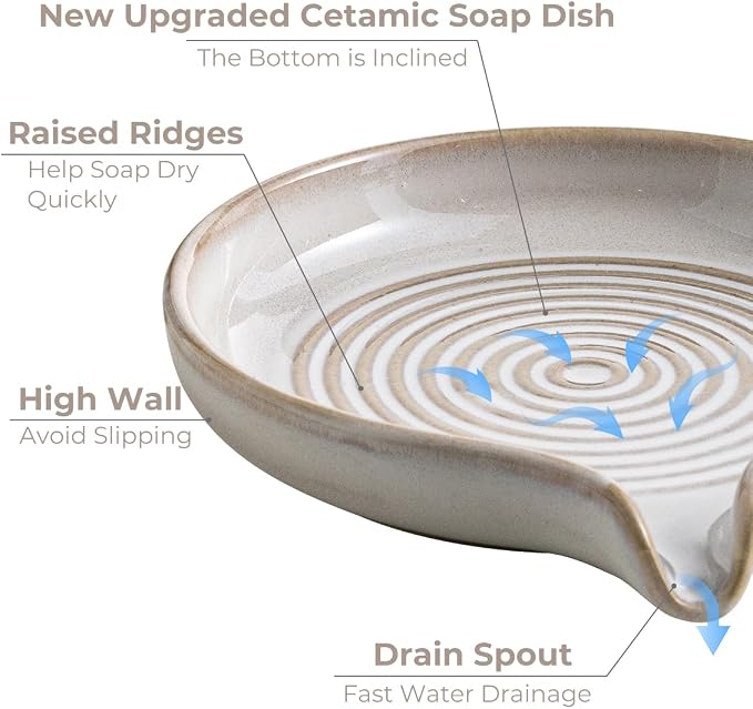 Soap Dish with Drain, Ceramic Soap Holder Self Draining Bar Soap Saver with - Image 3