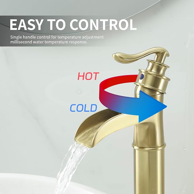 BWE Waterfall Vessel Sink Faucet Brushed Gold Single Handle Tall Single Hole - Image 3
