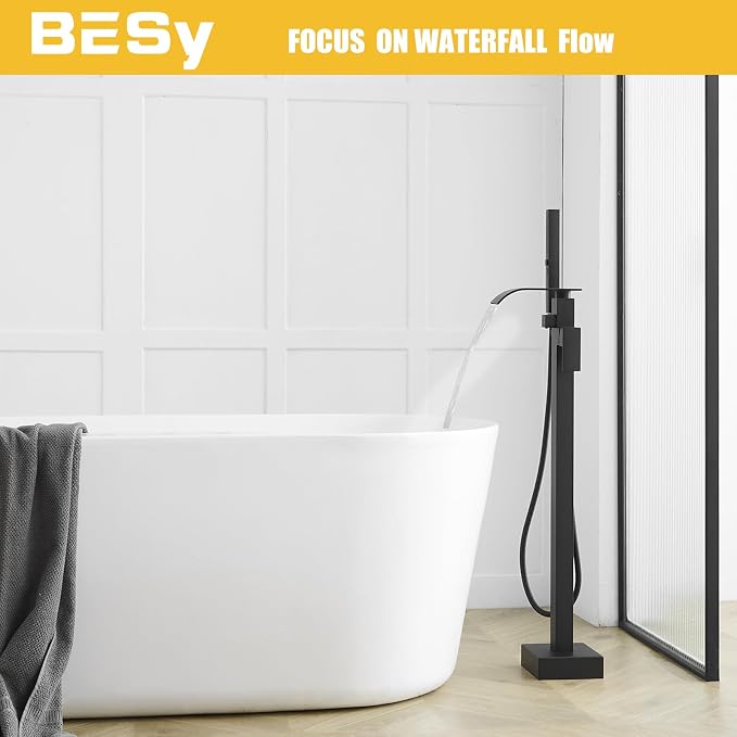 BESy Tub Filler Freestanding Bathtub Faucet Matte Black Floor Mount Tub Faucet - Image 2