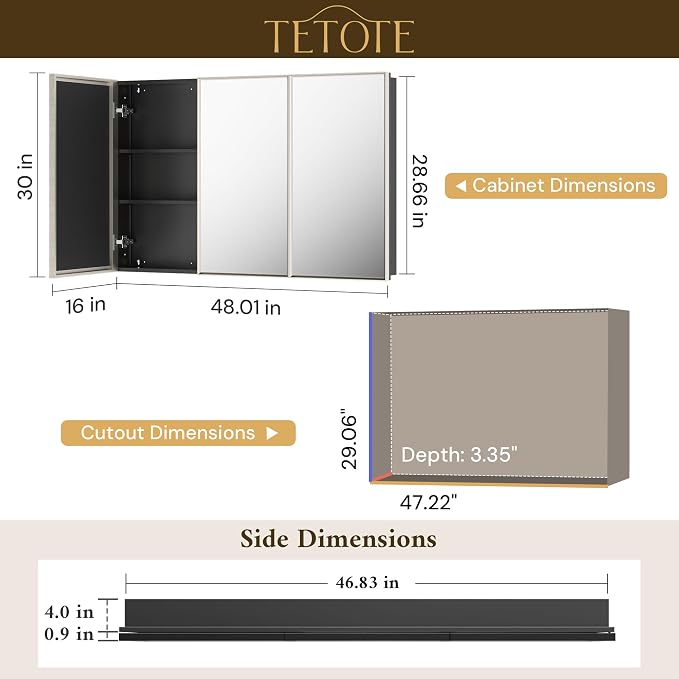 TETOTE 48" x 30" Brushed Nickel Medicine Cabinet Mirror - Image 2