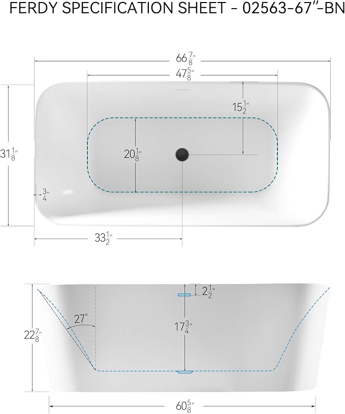 FerdY Maui 67" Acrylic Freestanding Bathtub, Contemporary Elegant Design - Image 4