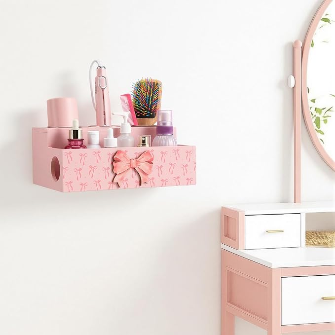 Pink Bow Hair Dryer Holder Wall Mounted Wooden Hair Dryer Holder Countertop - Image 6