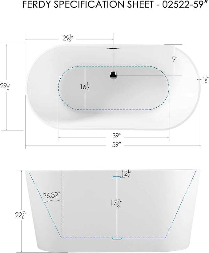 FerdY Shangri-La 59" Acrylic Freestanding Bathtub, Classic Oval Shape Acrylic - Image 4