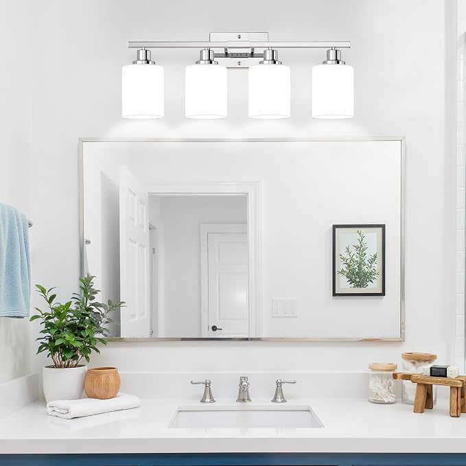 4-Light Vanity Light with Milky White Shades, Chrome Bathroom Lighting Fixtures - Image 7