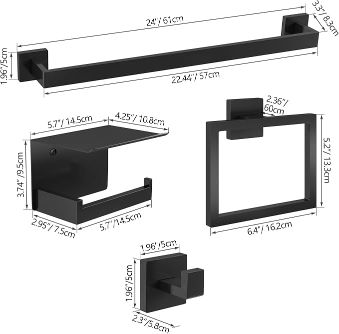 20-Pieces Matte Black Bathroom Hardware Set, 24 Inch Bath Towel Bar Set - Image 6