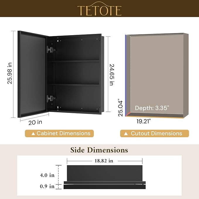 TETOTE 20" x 26" Recessed Medicine Cabinets Black Bathroom Storage - Image 2