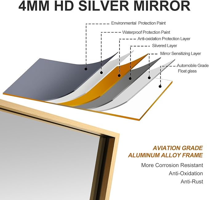 30x30 Inch Gold Bathroom Mirror, Copper-Free Mirror, Aluminum Alloy Frame - Image 7