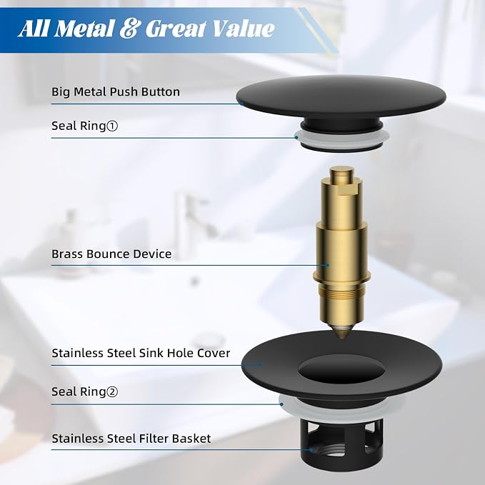 Hibbent 2 Pack All Metal Upgraded Bathroom Sink Stopper, Universal Pop Up Sink - Image 7