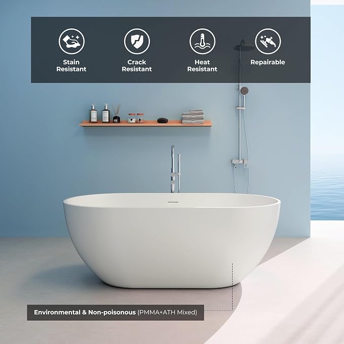Premium 59" Solid Surface Freestanding Bathtub, Upgraded Oval Stone Resin Tub - Image 7