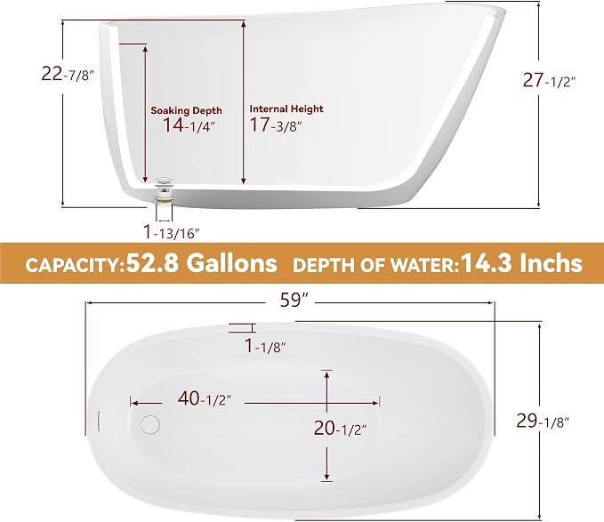 59" Free Standing Tub, Pure Acrylic Freestanding Bathtub, Stylish Stand Alone - Image 8