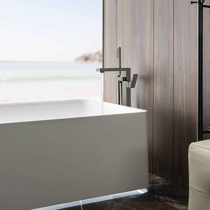 KIBI Cube Brushed Nickel Freestanding Bathtub Faucet ‑ Floor‑Mounted Brass Tub - Image 2