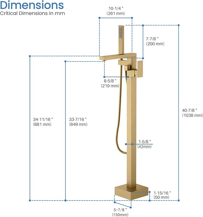 KIBI Cube Brushed Brass Freestanding Bathtub Faucet Floor‑Mounted Brass Tub - Image 8