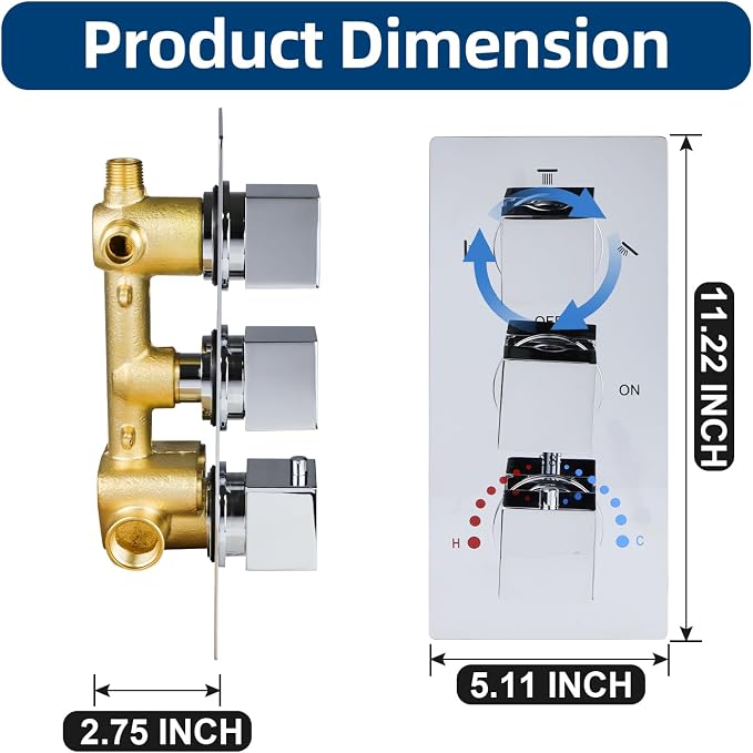 HOMEDEC Brass 3 Way Shower Diverter Valve, Thermostatic 3 Handle Control Shower - Image 5