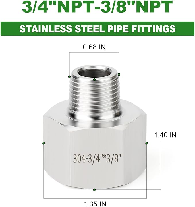 TAISHER 5PCS 304 Stainless Steel Pipe Fitting, 3/8" NPT Male x 3/4" NPT Female - Image 2