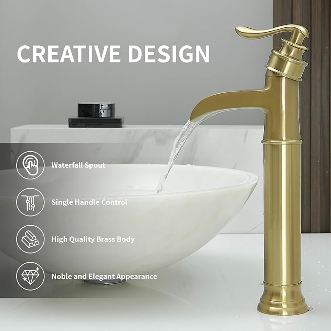BWE Waterfall Vessel Sink Faucet Brushed Gold Single Handle Tall Single Hole - Image 6
