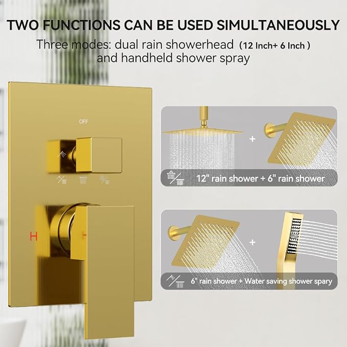 Brushed Gold Shower System, STARBATH 12+6" Rain Shower Head and Handle Set - Image 2