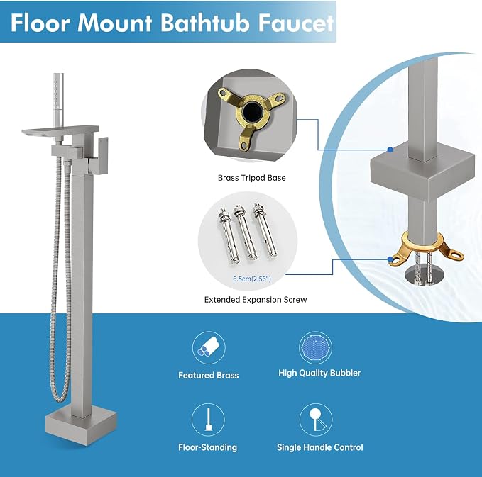 RUMOSE Brushed Nickel Bathtub Filler Freestanding Tub Filler Floor Mount Tub - Image 8